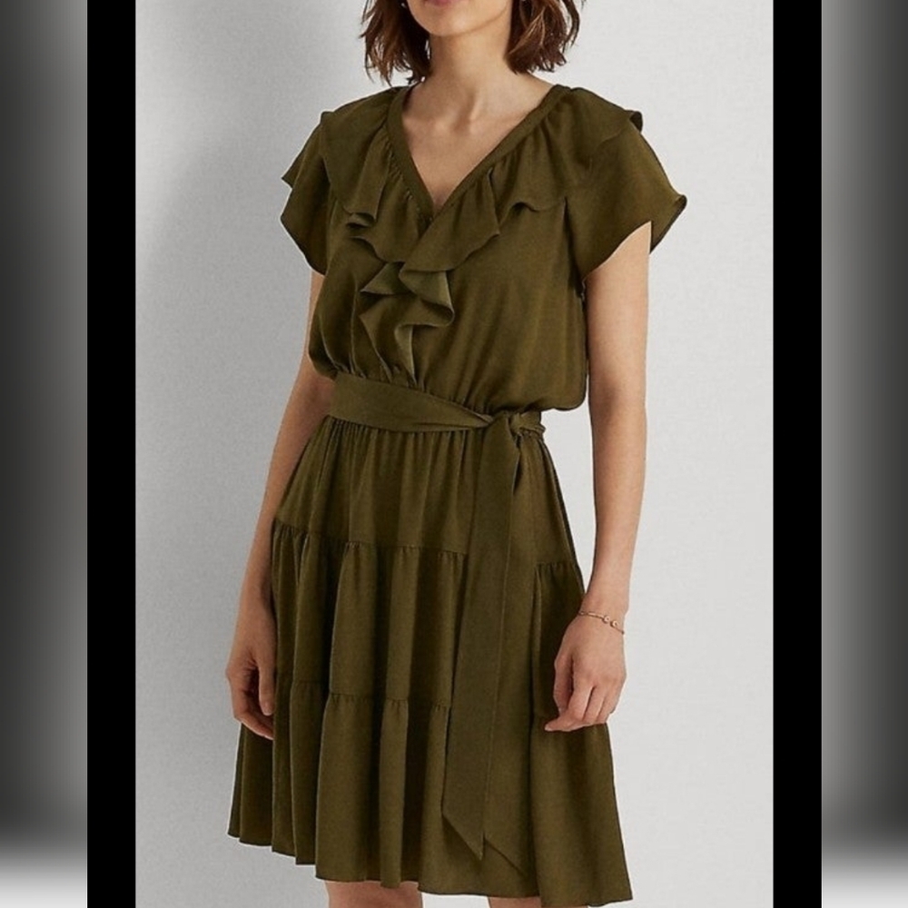 Lauren Ralph Lauren Green Romantic NWT Size 14 Satin Ruffle Tiered Belted Dress
